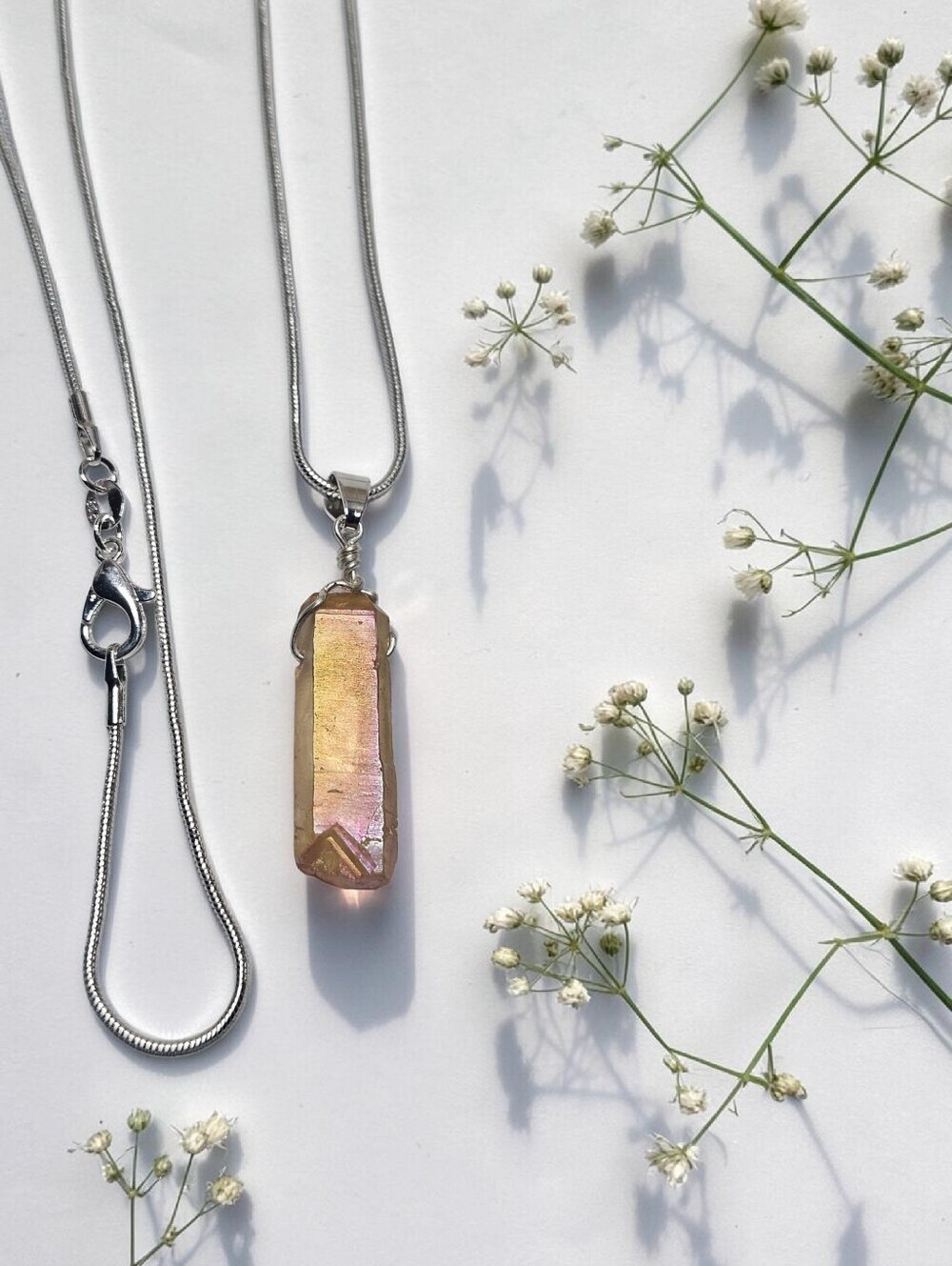 Sterling Silver Necklace with Amber Aura Crystal Pendant